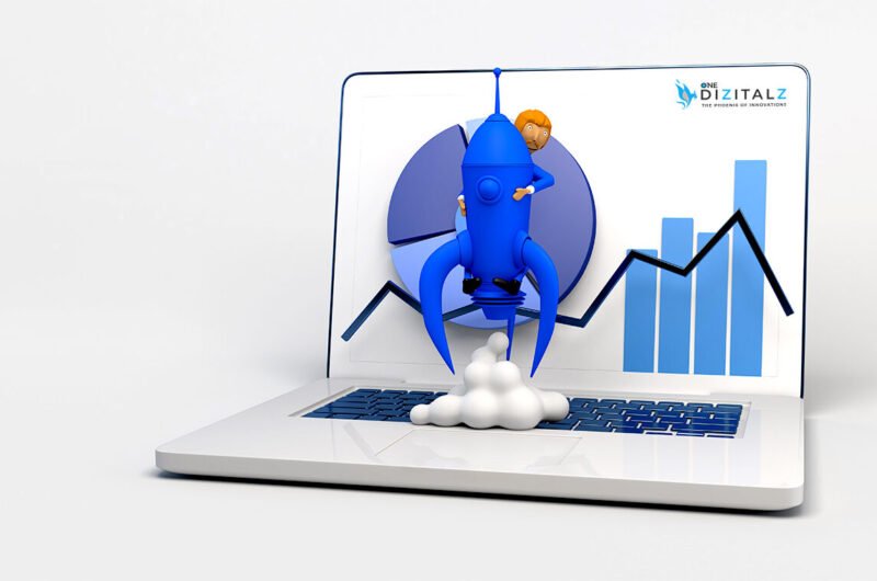 Businessman hugging a rocket taking off from a computer. Copy space.  3D illustration. Cartoon.